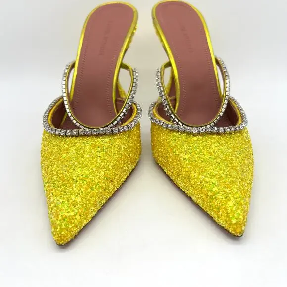 AMINA MUADDI Glitter Gilda Heeled Mule Women 8 Yellow Rhinstone Strap Pointy Toe - Picture 2 of 16